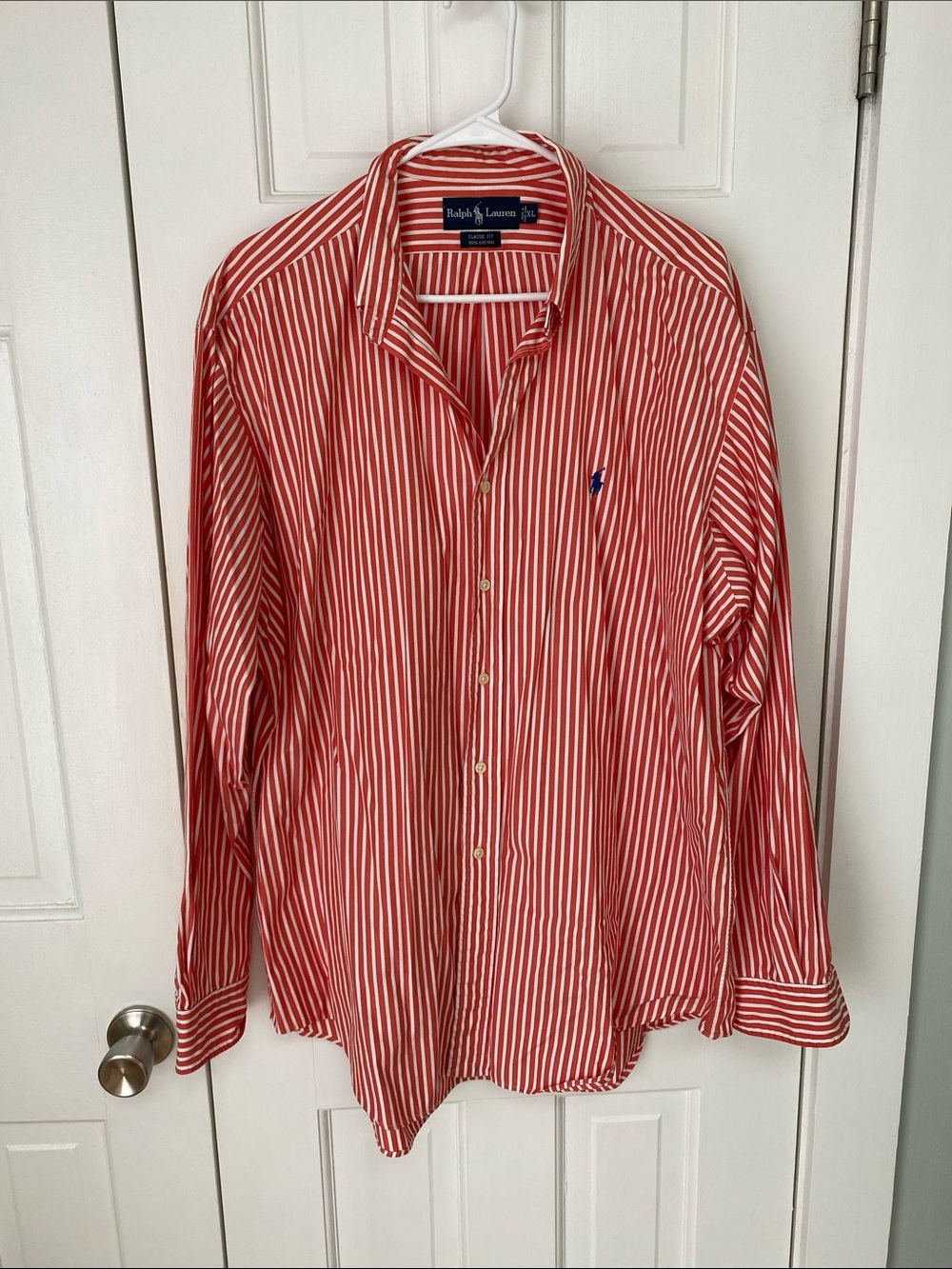 Ralph Lauren & Orange/Coral White Striped Cotton Button-Down Shirt